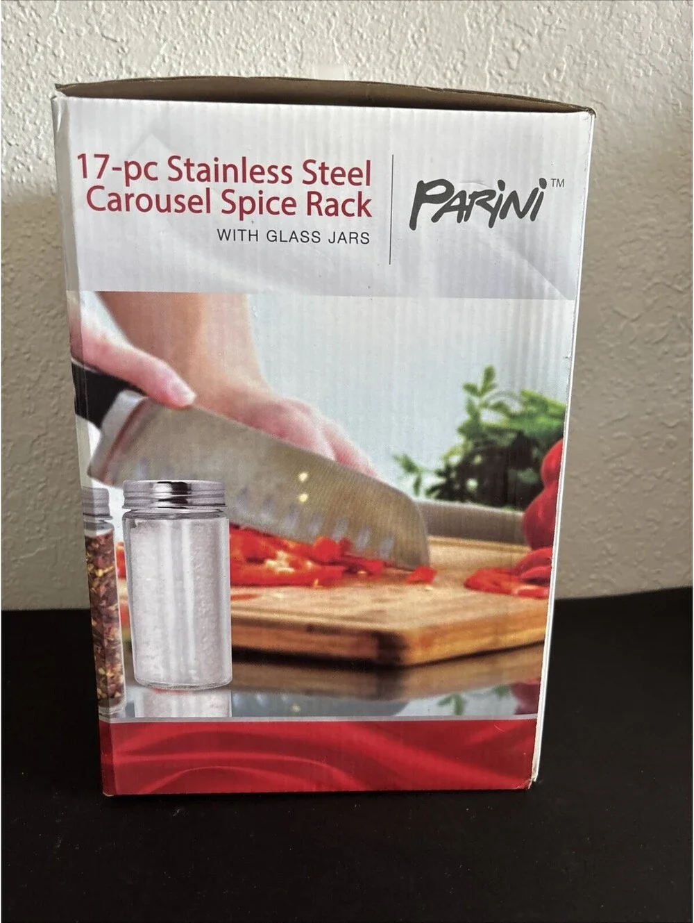 Parini 17-Piece Stainless Steel Carousel Spice Rack with Glass Jars - New